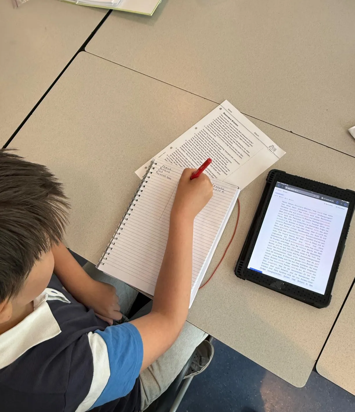 Schüler arbeitet parallel mit Heft und iPad — auf dem iPad ein silbierter Lesetext aus Silytics