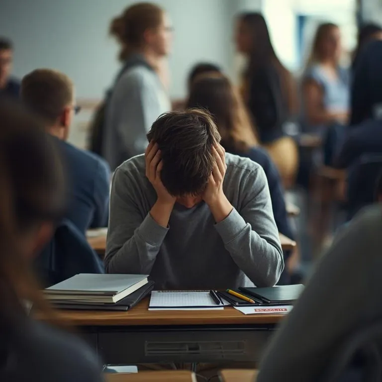 Ein Schüler hält den Kopf in beiden Händen, während die Klasse weiterarbeitet — das Gefühl, den Anschluss zu verlieren.