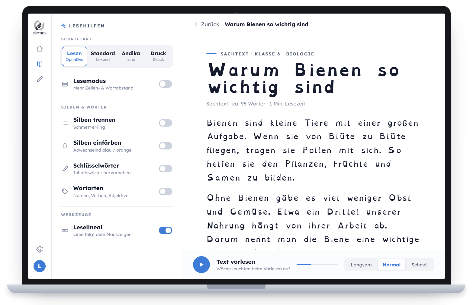 Silytics-Lese-Modus auf einem MacBook — Sachtext über Bienen mit aktivierten Lese-Werkzeugen in der Seitenleiste