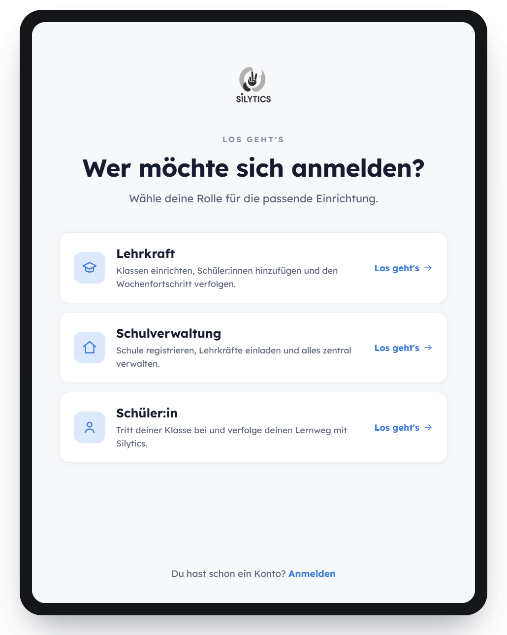 Silytics-Anmeldung auf einem iPad — Rollenwahl zwischen Lehrkraft, Schulverwaltung und Schüler:in