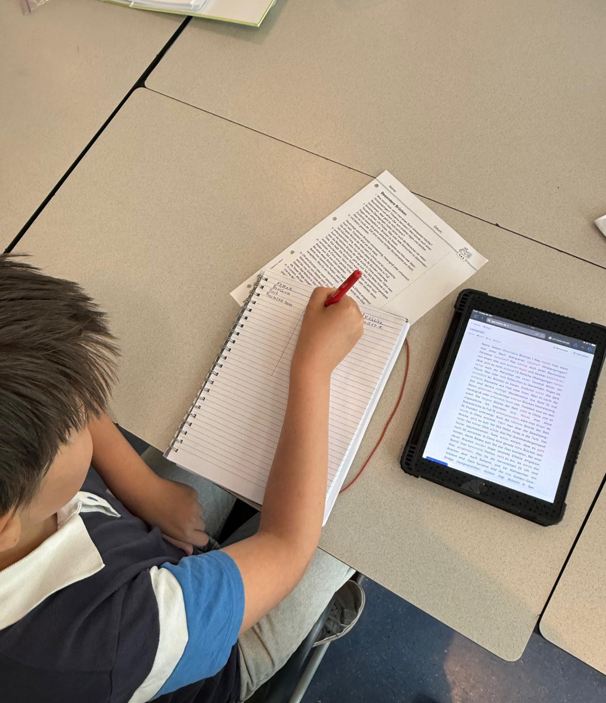 Schüler arbeitet konzentriert parallel mit Heft und iPad — auf dem iPad ein silbierter Lesetext aus Silytics